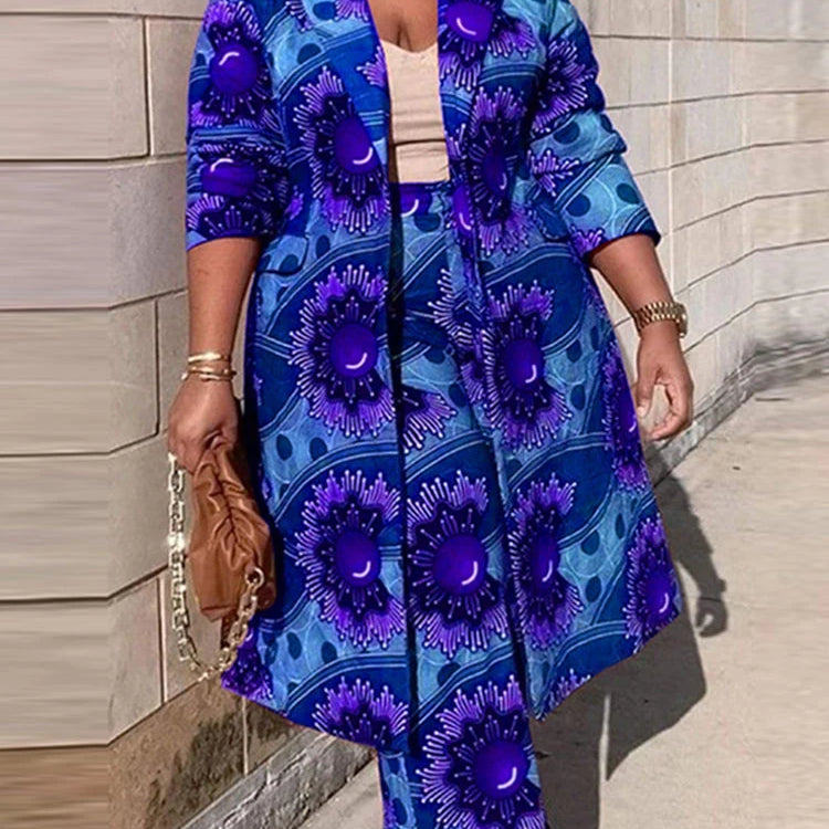 Plus Size VONDA Bohemian Printing Elegant Outfits Women Long Sleeve Two Piece Sets 2024 Holiday Fashion Casual Simple 2pc Suits Blue