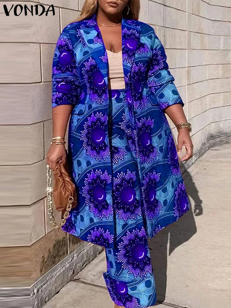 Plus Size VONDA Bohemian Printing Elegant Outfits Women Long Sleeve Two Piece Sets 2024 Holiday Fashion Casual Simple 2pc Suits Blue