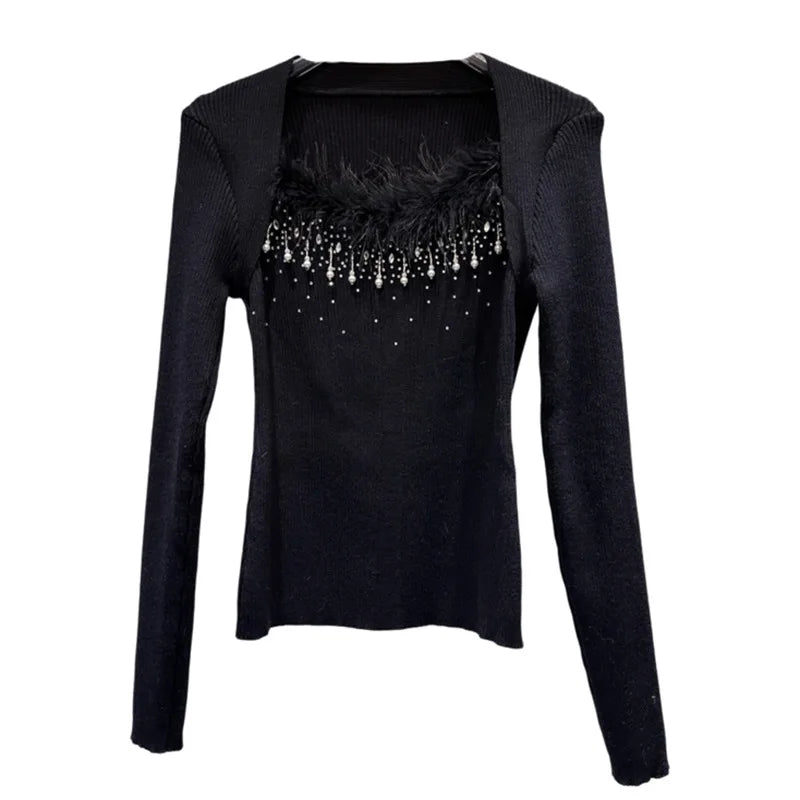 Winter New Elegant Fashion Shawl Slim Fit Knitted Sweater For Women Versatile Feather Patchwork Pullover 11A07523