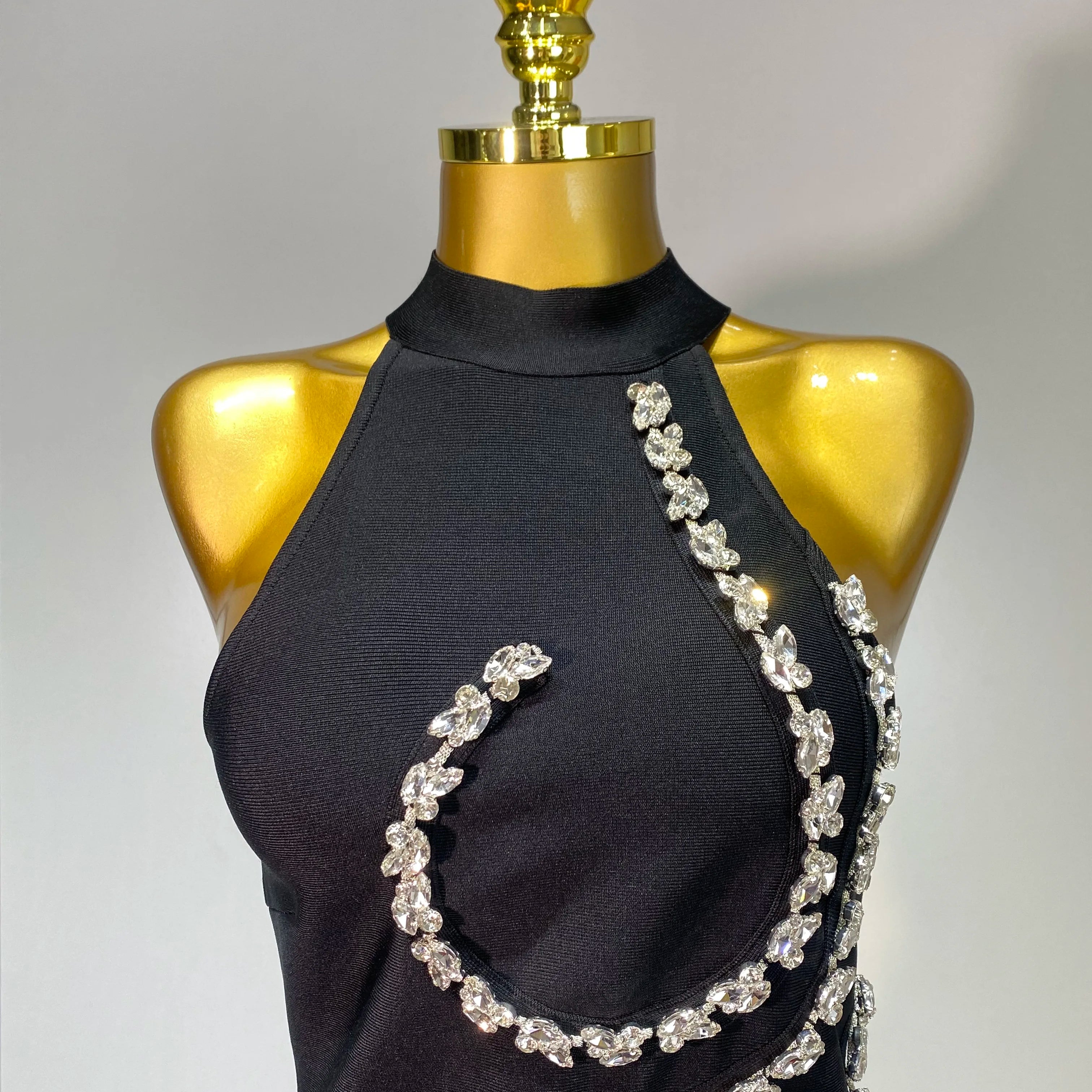 Women Sexy High Neck Shinning Crystal Bodycon Mini Bandage Dress Nightclub Party Luxury Birthday Elegant Celebrity Evening Dress