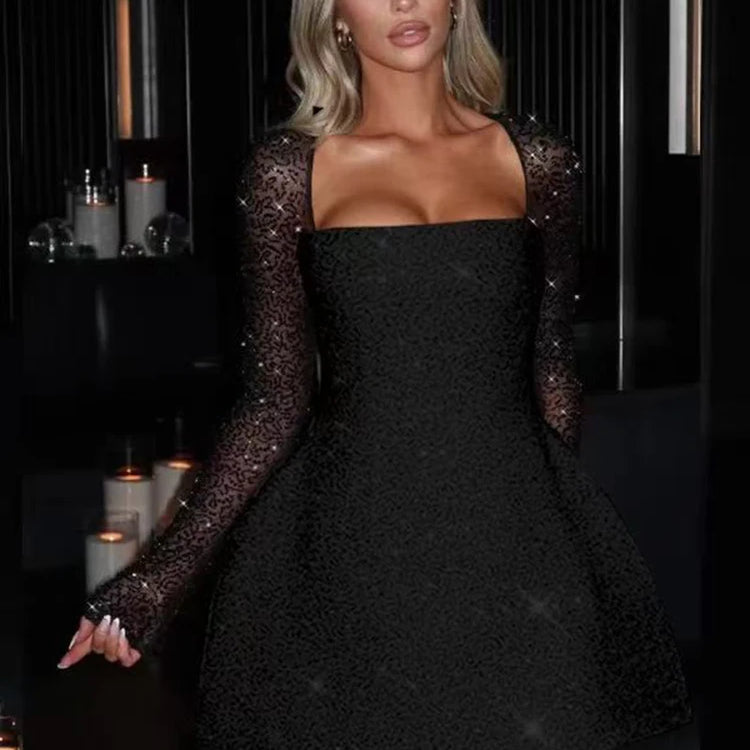 Sequins Long Sleeve Backless Sexy Mini Dress Women Robe Fashion Sparkle Lace-up High Waist A-line Club Dress Vestido