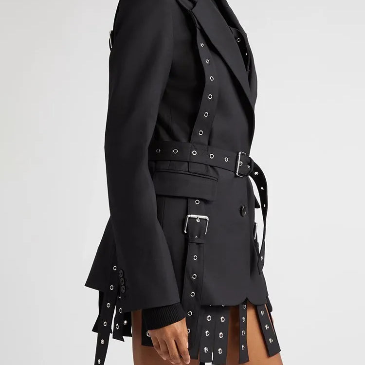 Solid Patchwork Belts Blazers For Women Notched Collar Long Sleeve Patchwork Single Breasted Chic Blazer Female New