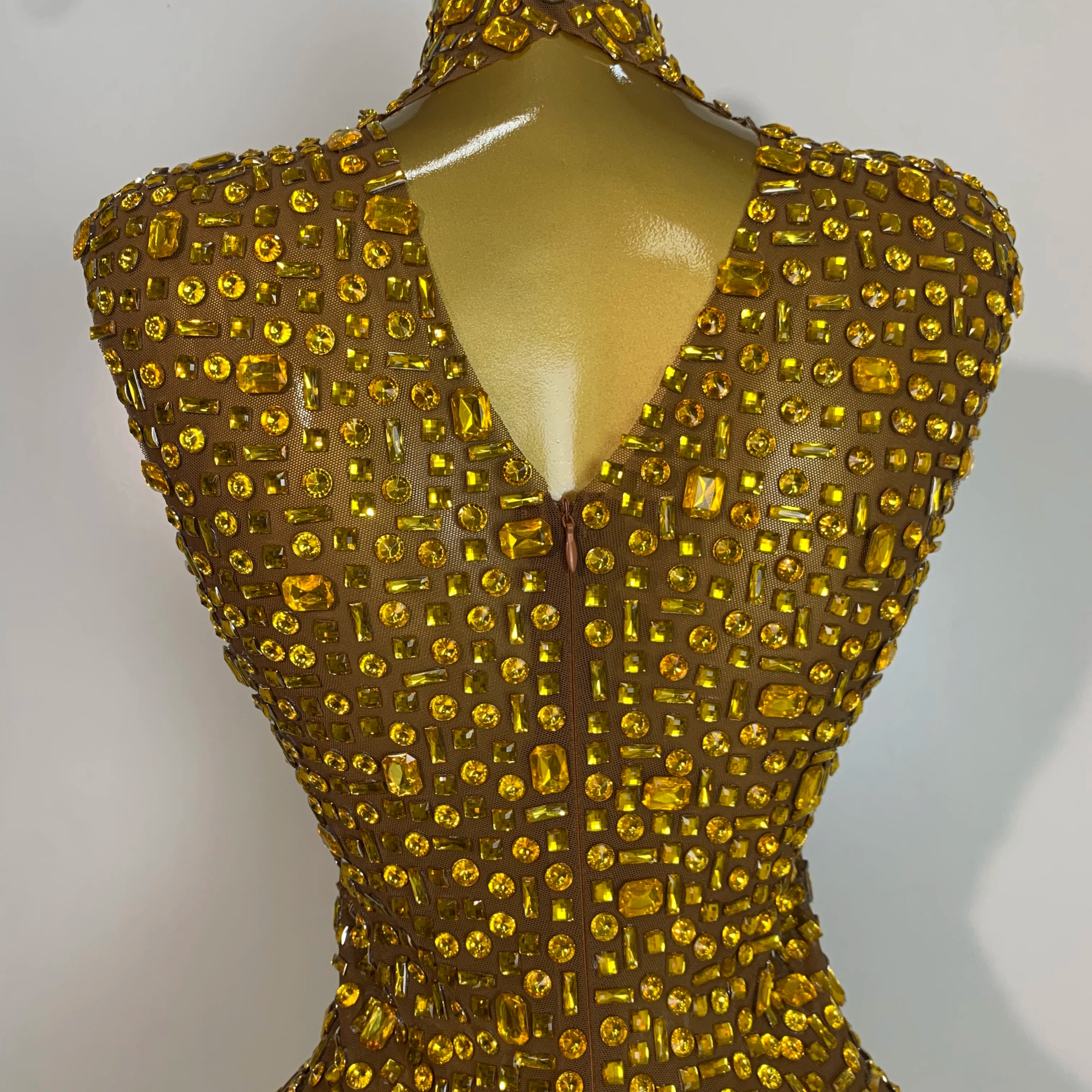 Women Luxury Gold Rhinestone Sexy Mesh Short Dress Sparkly Stage Costume Elegant Party Birthday Dresses Nightclub Singer Outf