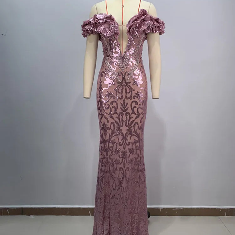 New Luxury Sexy Off Shoulder Ruffles Pink Mesh Sequins Maxi Long Women Celebrity Dress 2024 Elegant Party Evening Club Vestido