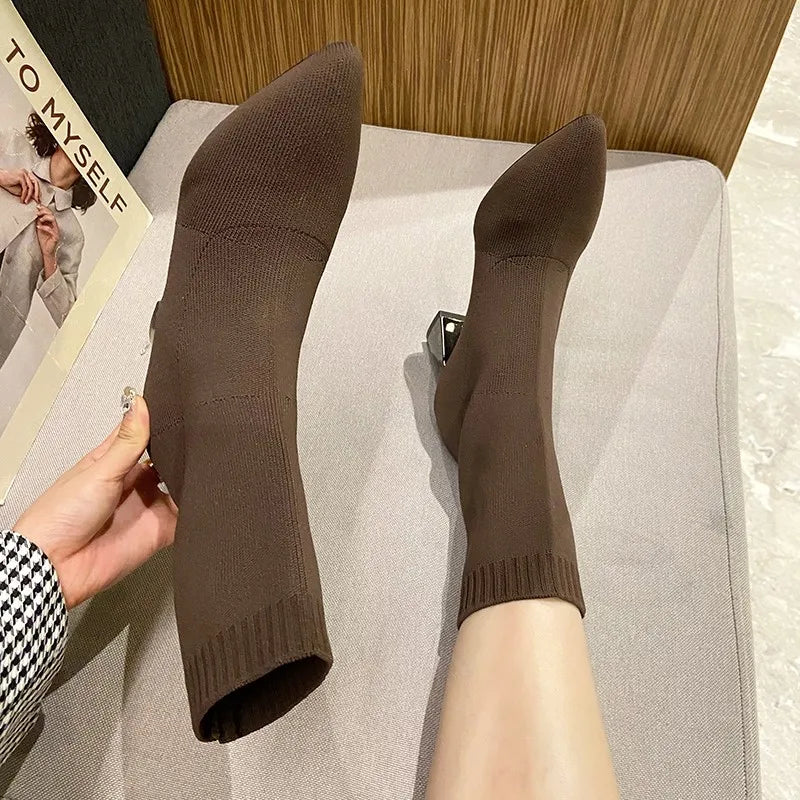 2022 New Autumn Winter Thick High-heeled All-match Thin and Thin Boots Women's Pointed Toe Mid-tube Elastic Socks Boots Women Khaki