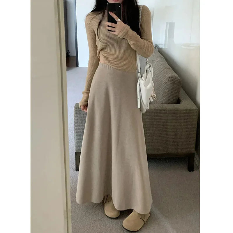 Lucyever Vintage Gray Knitted Midi Skirts Women 2023 New High Waist Slimming A-Line Skirt Woman Elegant Solid Droop Long Skirts Oat color One Size