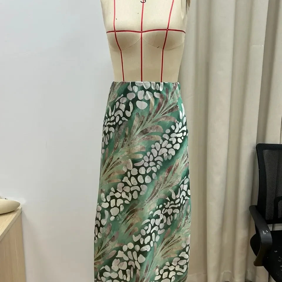 Elegant Printed Shirts Skirts For Women Fashion Lapel Sleeves High Waist 2-piece Suits Summer Lady High Streetwears Green overskirt