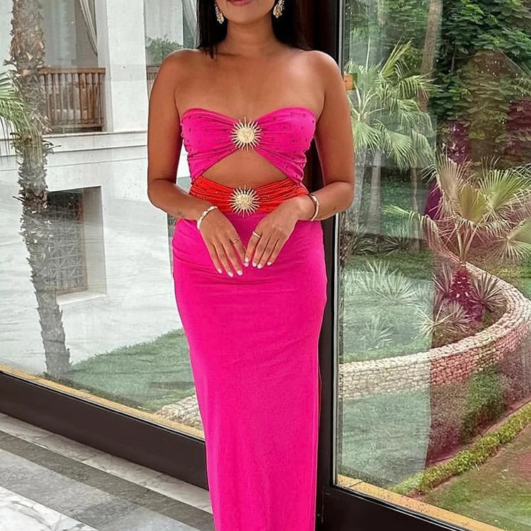 Black & Pink Sexy Strapless Hollow Out Diamond High Slit Shinning Rhinestones Bandage Long Dress Bodycon Celebrity Dress