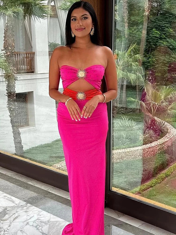 Black & Pink Sexy Strapless Hollow Out Diamond High Slit Shinning Rhinestones Bandage Long Dress Bodycon Celebrity Dress