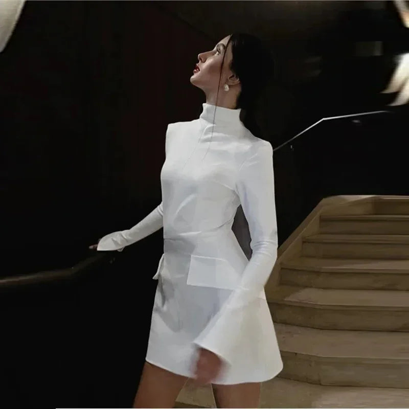 Elegant Long Sleeve Half Turtleneck Dress Women Sexy Autumn Spring Hip Package Skirts for Female Newest Slim Party Dresses White