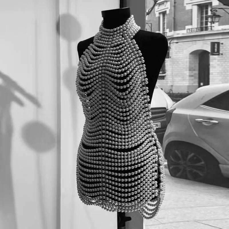 Sexy Backless Pearl Beading Hollow Out Halter Mini Evening Dress Trendiness Party Dress Stage Performance Costume