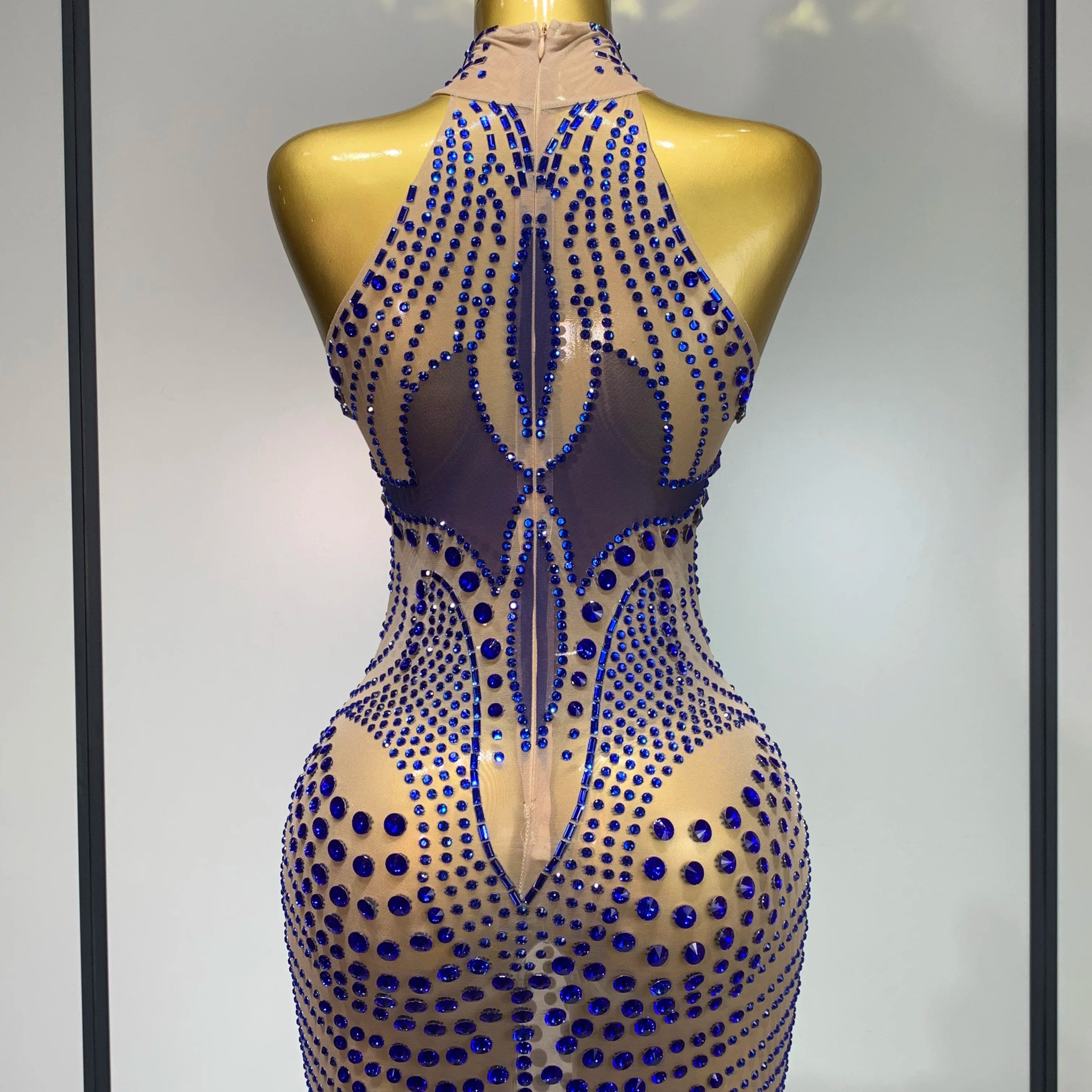 Luxury Birthday Dress Women Rhinestones Sexy Transparent Mesh Mini Dress Evening Party Nightclub Stage Performance Costume