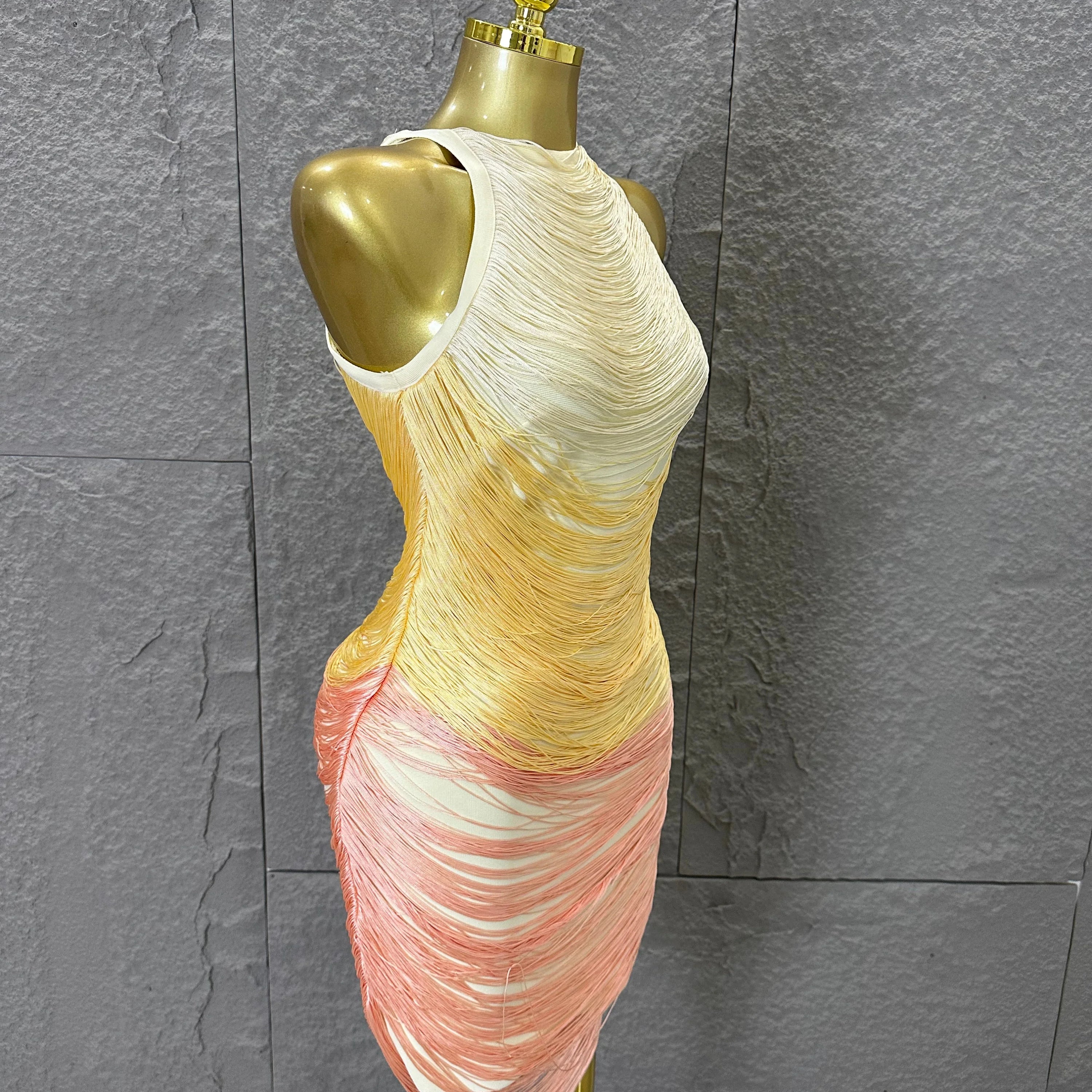 Refined Elegant Halter Neck Mini Dress Women Sexy Gradient Fringe Nightclub Evening Party Outfit Gala Cocktail Party Costume