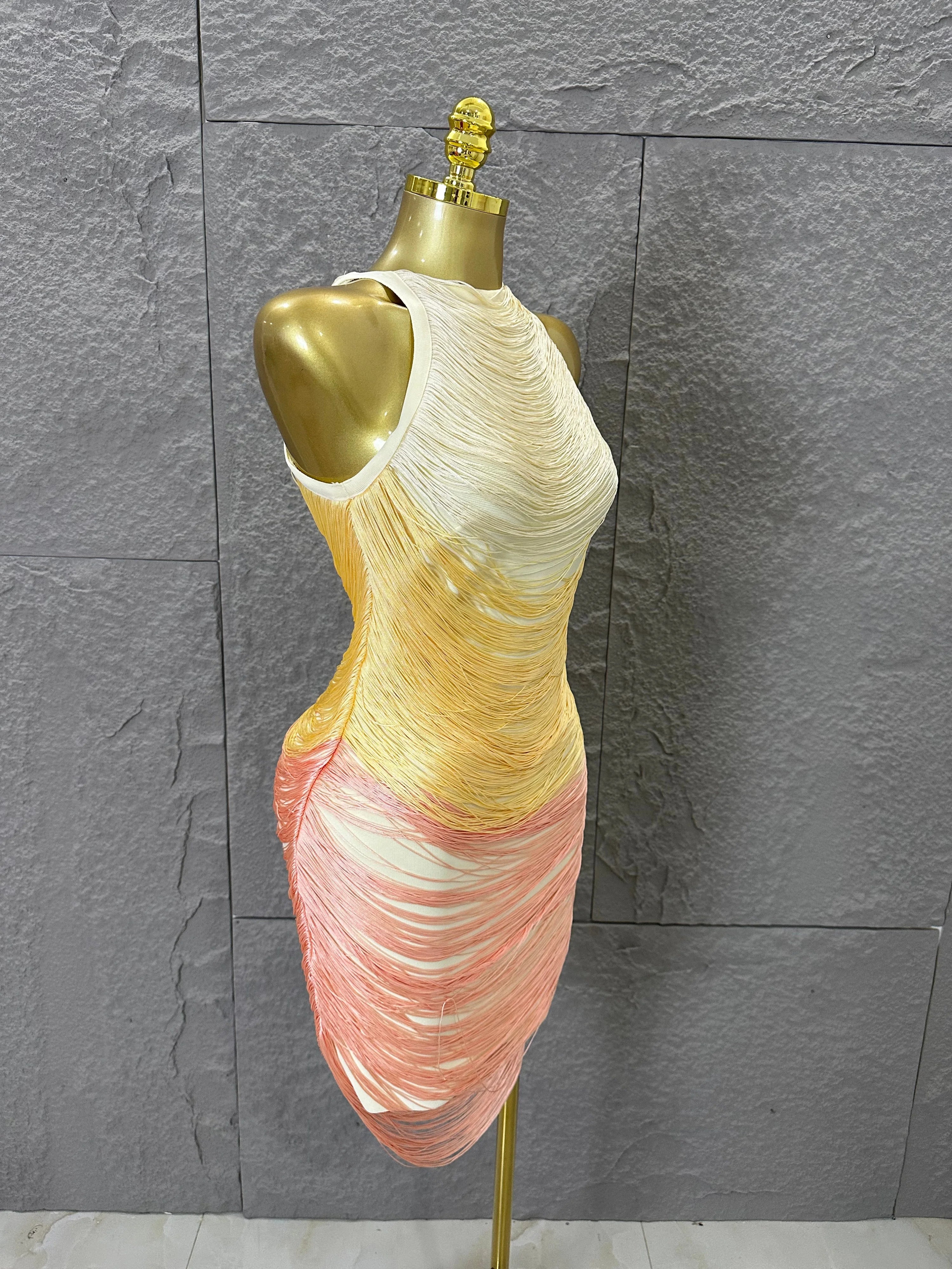 Refined Elegant Halter Neck Mini Dress Women Sexy Gradient Fringe Nightclub Evening Party Outfit Gala Cocktail Party Costume
