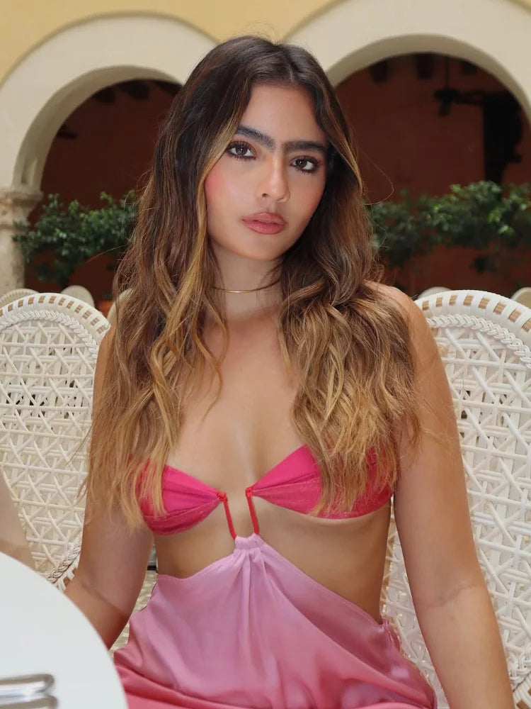 Fashion Gradient Hollow Out Long Dress Women Elegant Cut Out Satin Off Shoulder Dresses New Summer Lady High Street Party Robes