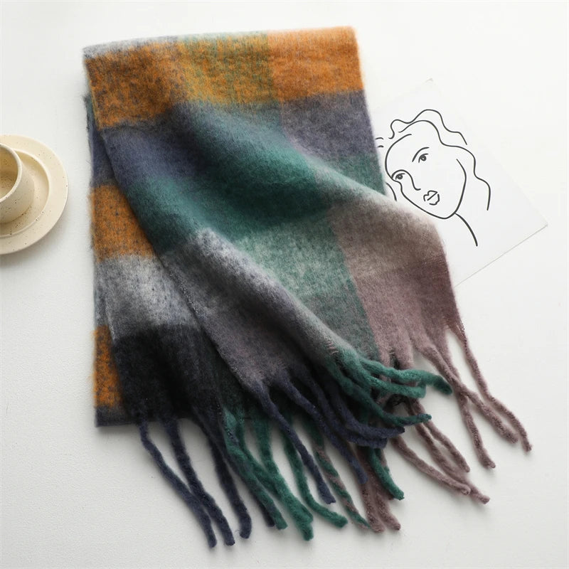 Thick Warm Scarf Women Winter Neck Shawls Tassel Pashmina Scarves Lady Cashmere Bandana Plaid Rainbow Hairy Foulard WJ137-27