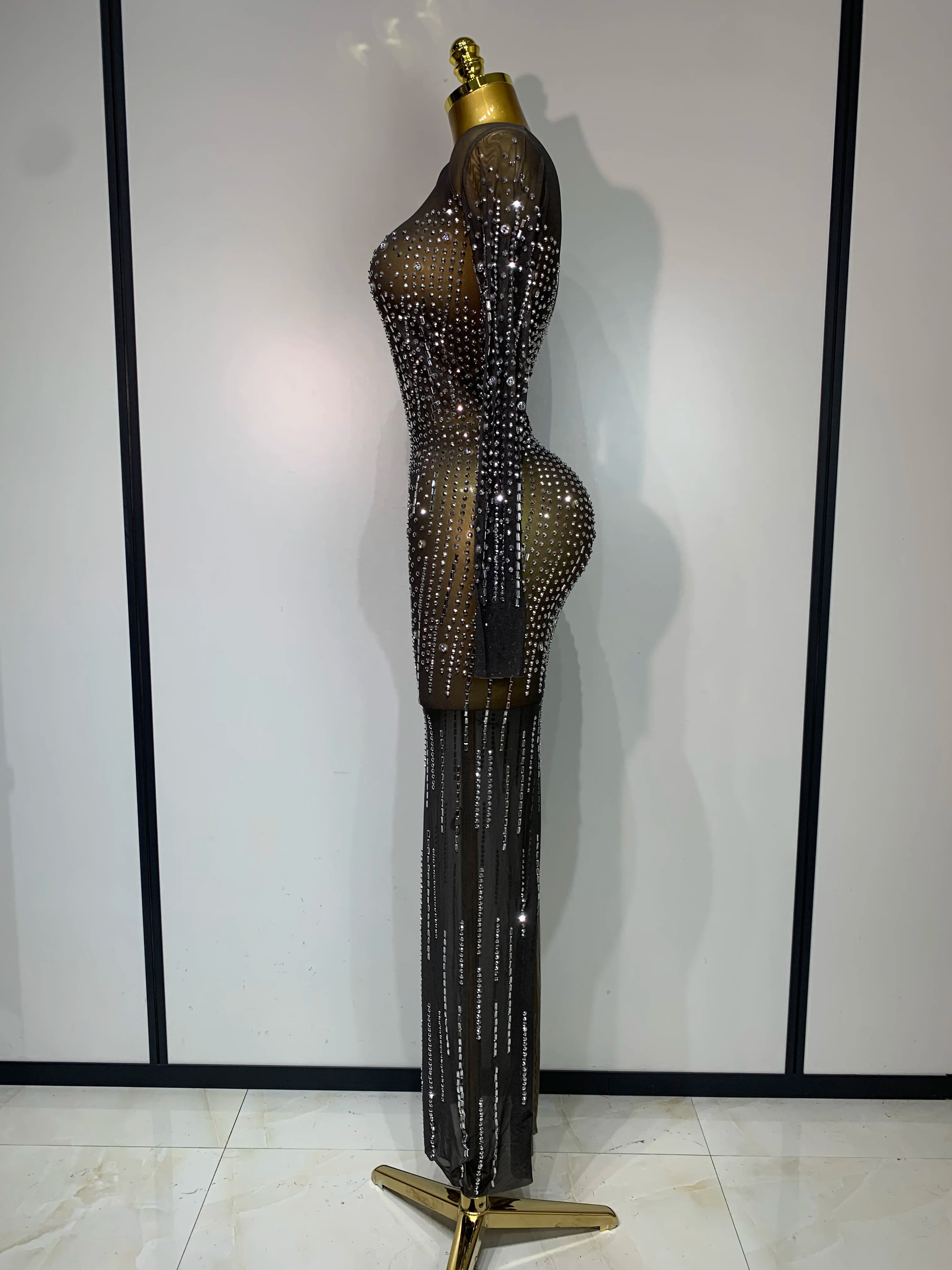 Women Sexy Long Sleeve Mesh See Through Dress 2025 Elegant Evening Party Luxury Birthday Club Rhinestone Performance Costume