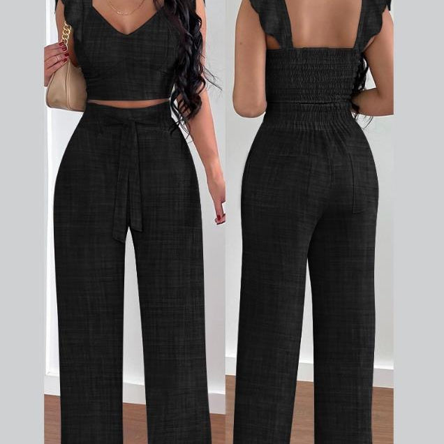 Two Piece Sets Womens Outifits 2024 Spring Fashion Shirred V-Neck Sleeveless Crop Top &amp; Casual Pocket Design Wide Leg Pants Set A