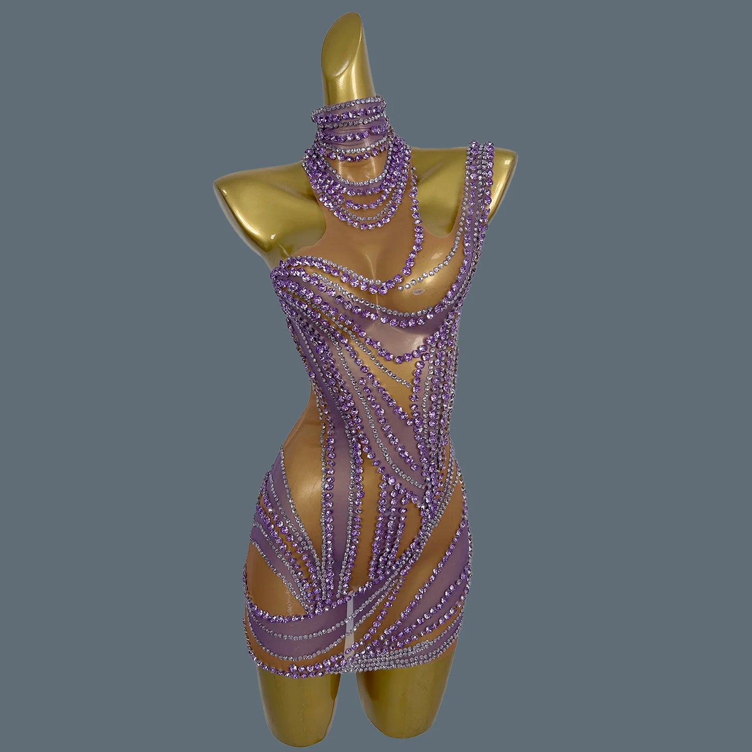 Sparkly Rhinestone Mini Dress Sexy Mesh See Through Party Event Prom Celebrate Birthday Dress Singer Show Wear Liuzhuan Light Purple One Size