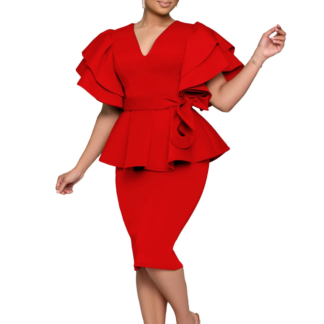 Women Short Sleeve V-neck Belt High Waist Midi Dress 2025 Summer Africa OL Work Evening Sexy Party Dresses Vestidos Red