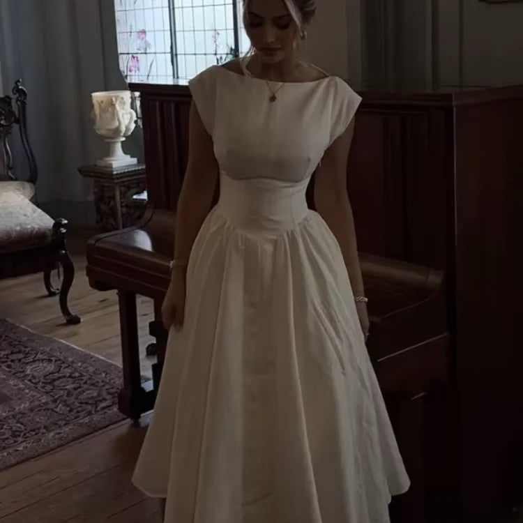 2025 Elegant White O Neck Pleated Hem Maxi Dress Women Fashion Open Back Solid A-line Dresses New Spring Summer Lady Party Robes White