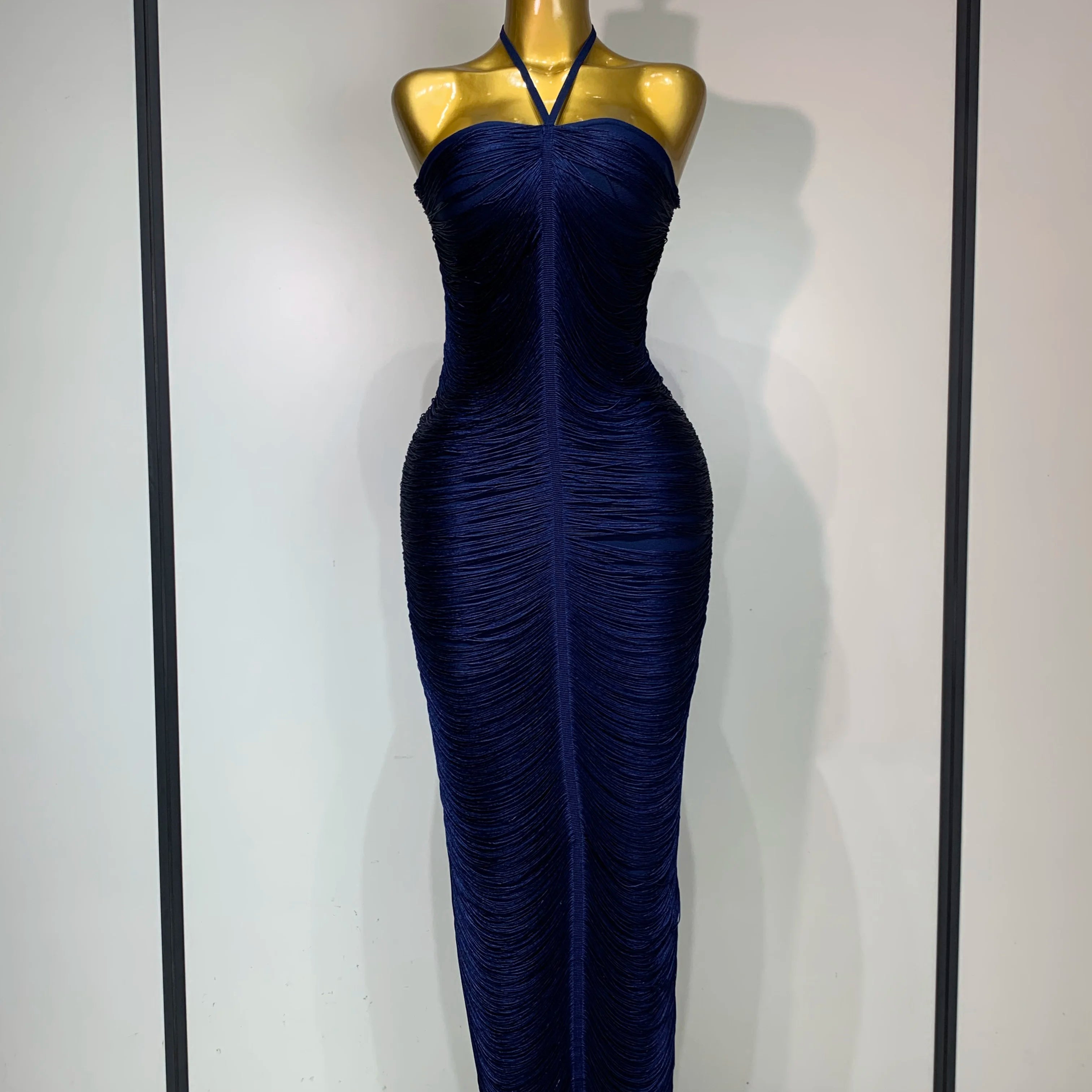 Women Sexy Celebrity Backless Halter Tassel Bodycon Bandage Dress 2025 Elegant Celebirty Evening Party Luxury Birthday Dress Blue