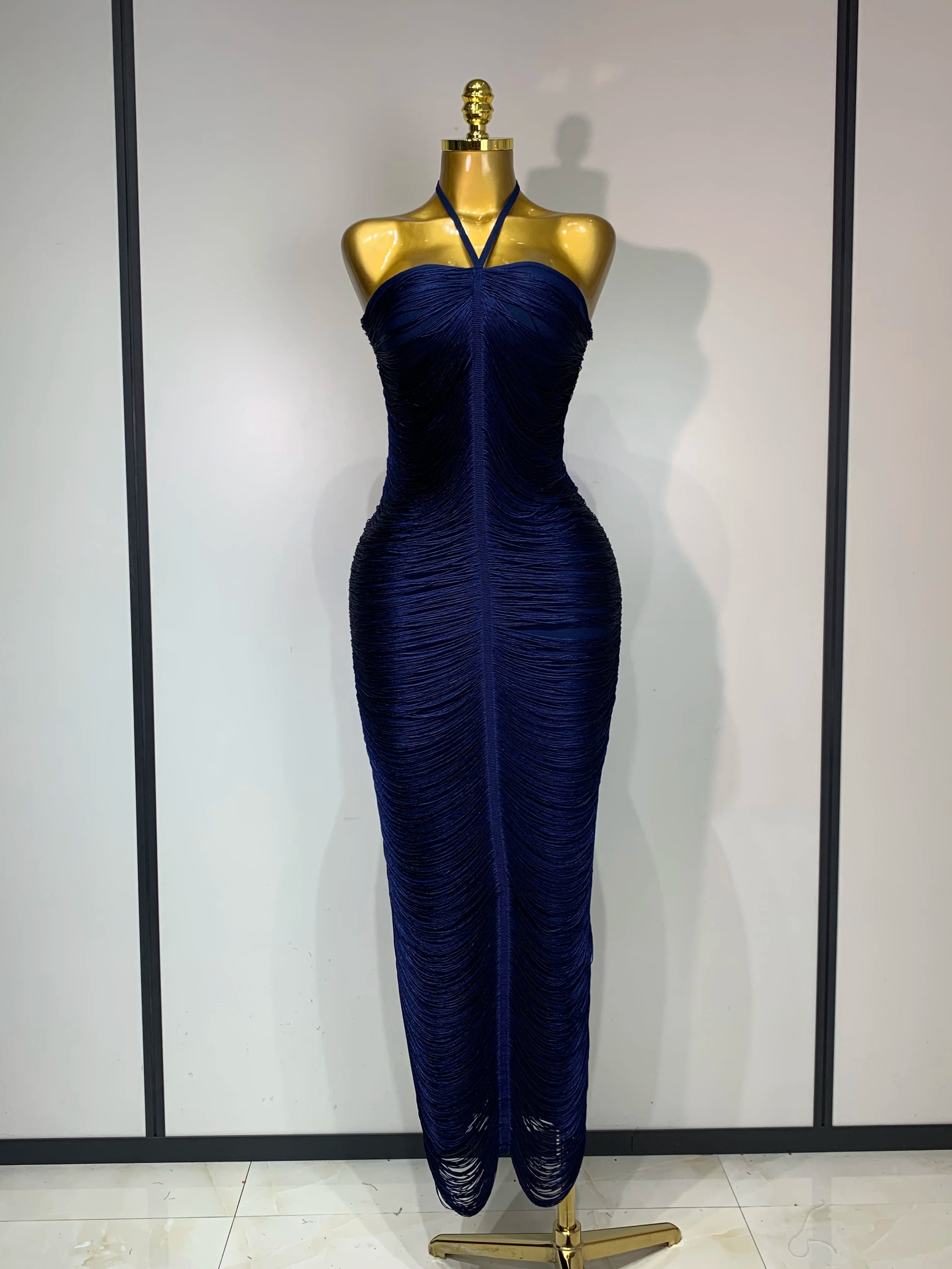 Women Sexy Celebrity Backless Halter Tassel Bodycon Bandage Dress 2025 Elegant Celebirty Evening Party Luxury Birthday Dress Blue