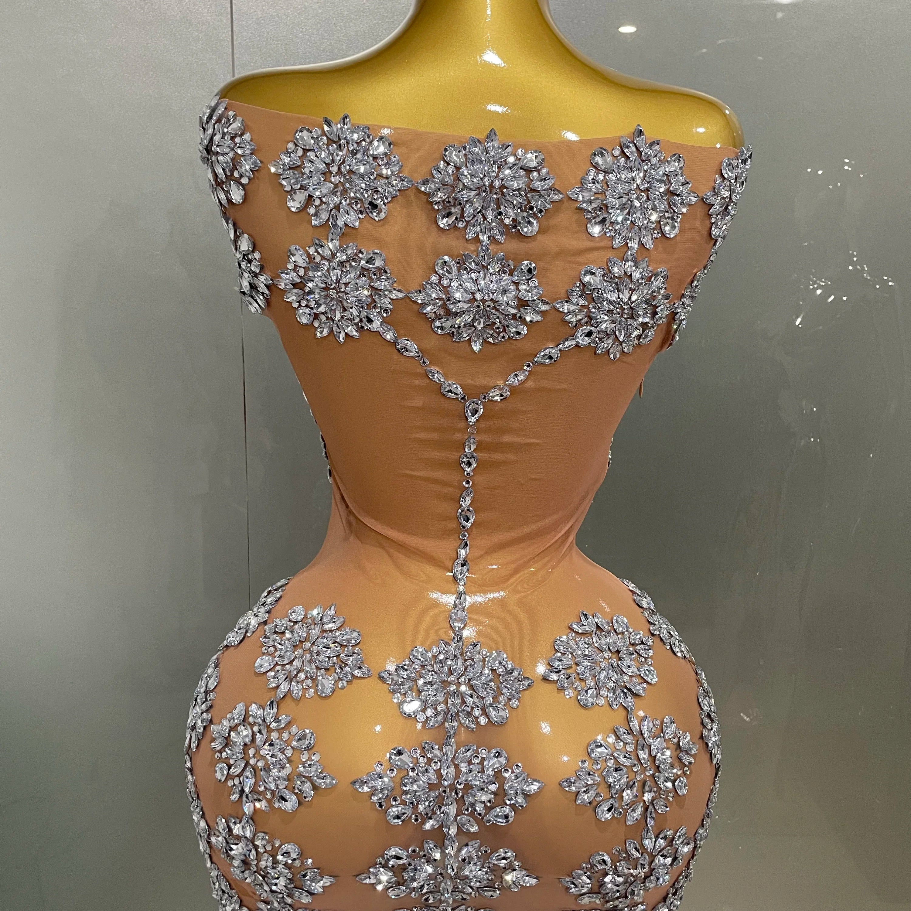 Luxury Sparkly Rhinestone Mesh Mini Dress 2025Women Sexy Nightclub Party Dance Performance Costume Singer Dancer Show Stage Wear