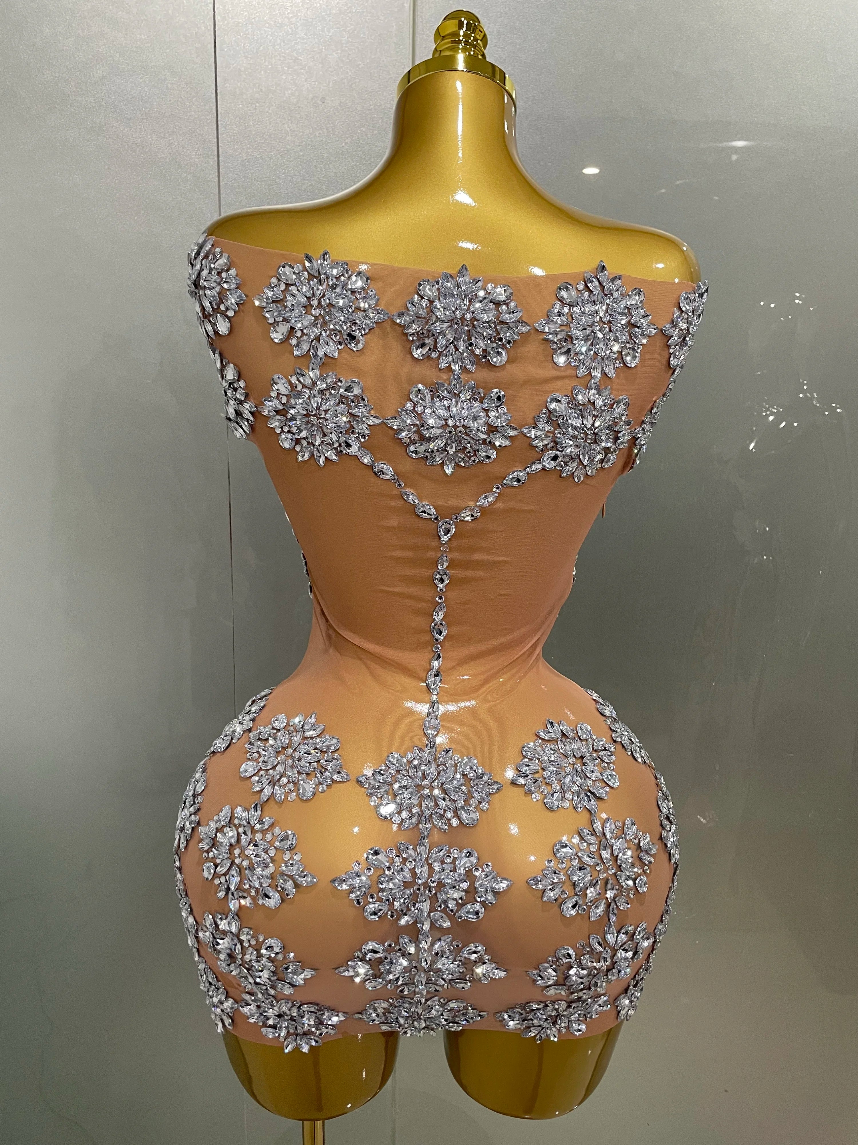 Luxury Sparkly Rhinestone Mesh Mini Dress 2025Women Sexy Nightclub Party Dance Performance Costume Singer Dancer Show Stage Wear