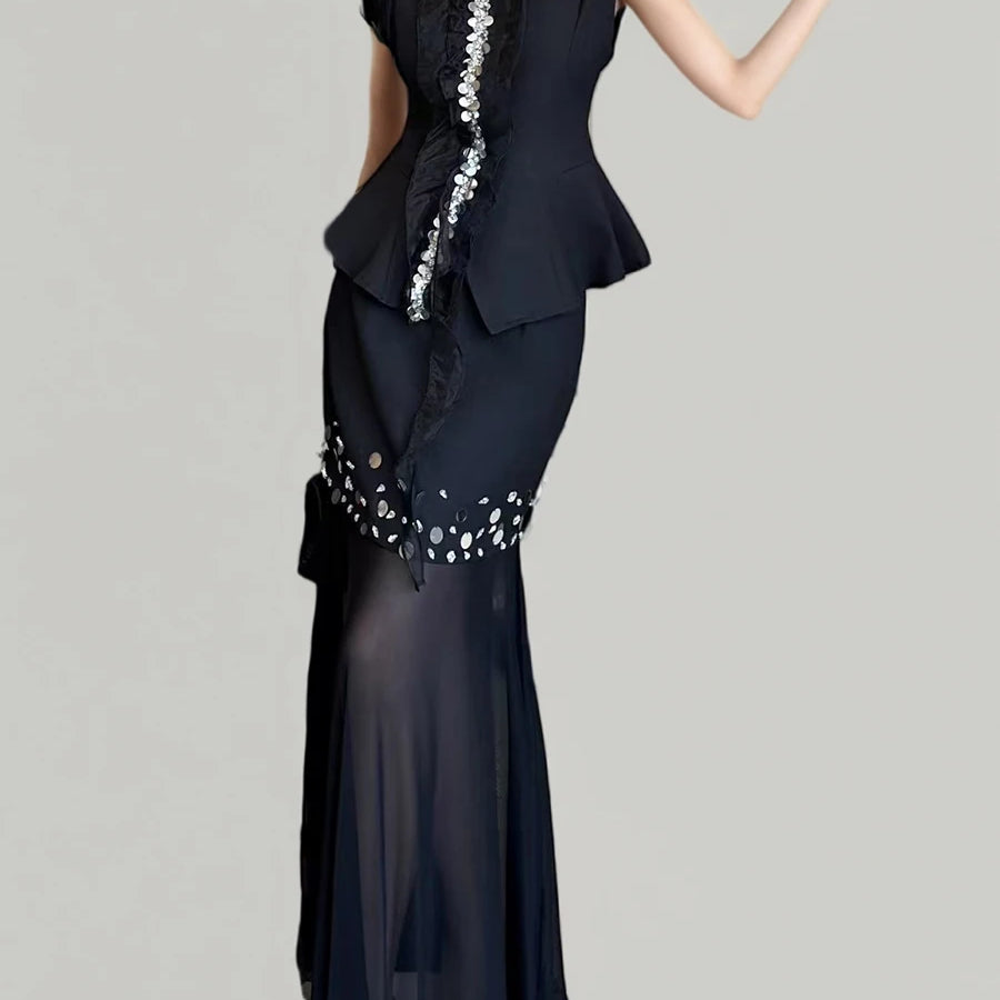 Solid Two Piece Sets for Women Round Neck Sleeveless Patchwork Sequin Vest High Waist Sheer Skirt Set Female New BLACK