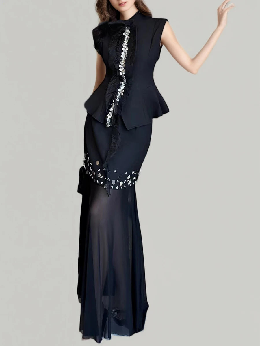 Solid Two Piece Sets for Women Round Neck Sleeveless Patchwork Sequin Vest High Waist Sheer Skirt Set Female New BLACK