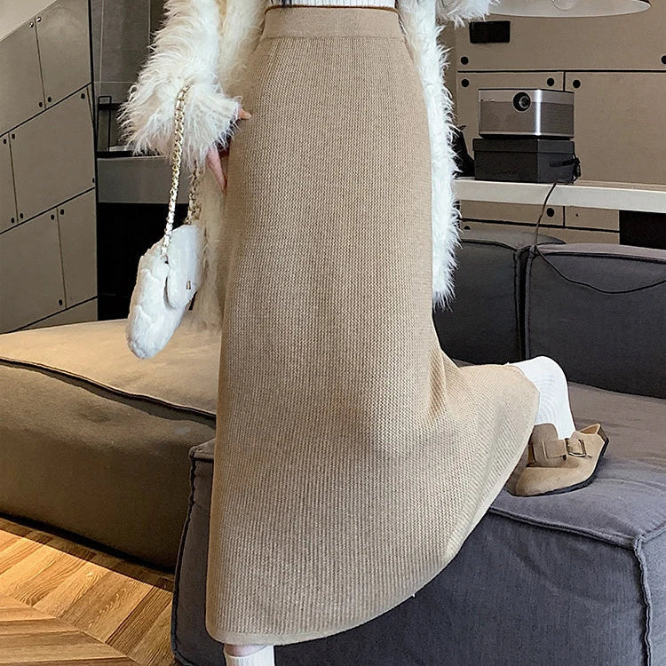 Women Sweater Skirt Pencil Knitted Skirt High Waist Skirts Womens Winter 2023 Long Warm Knitting Skirts Straight Split Bottoms