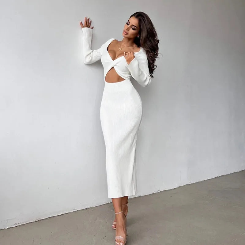 Autumn New Hot White Long-sleeved O-neck Chest-wrapped Hollow High Waist Slim Dress Crop Top Elegant Knee Skirt Rib Fabric Dress