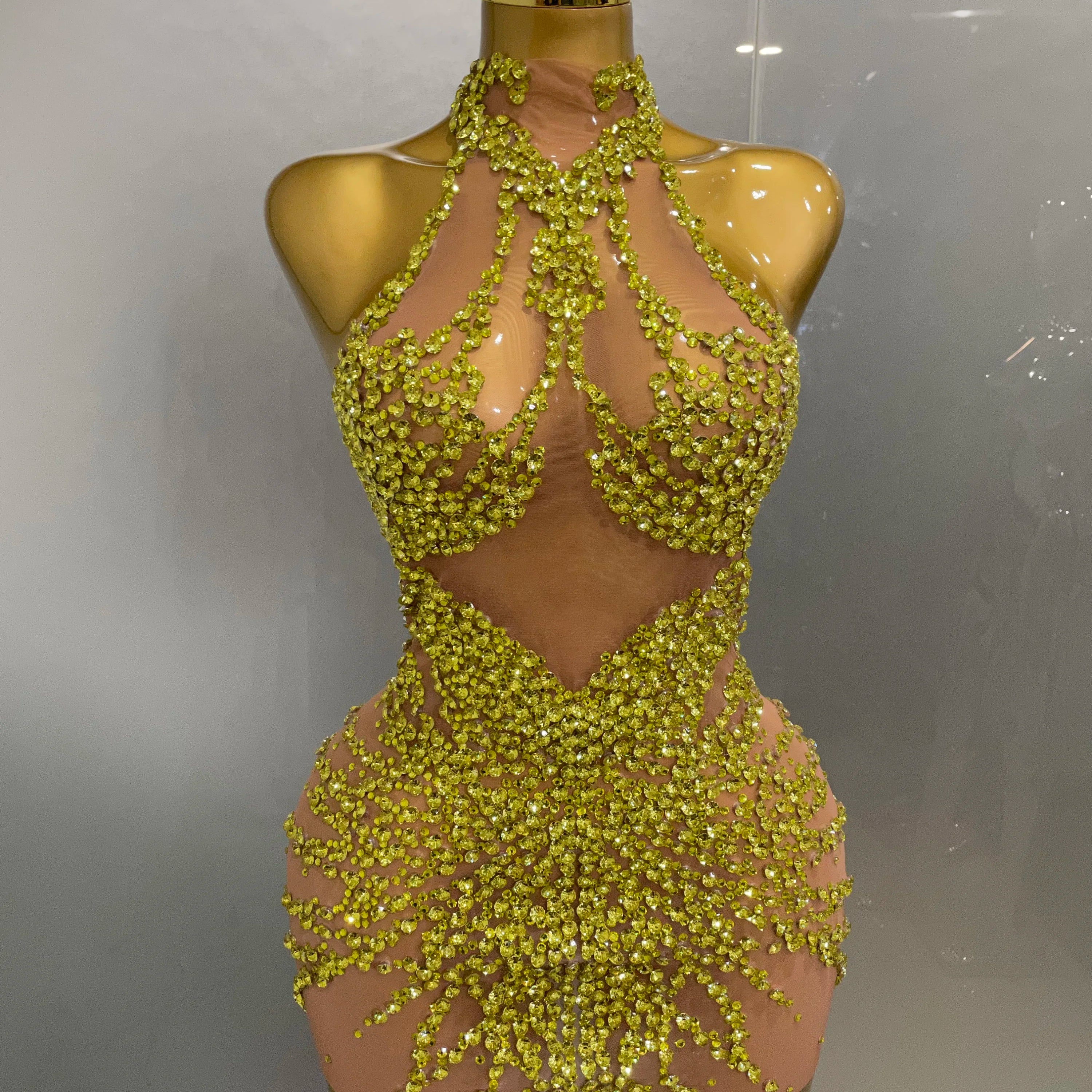 Luxury Sparkle Rhinestones Mesh Transparent Prom Dress 2025 New Women Sexy Birthday Celebrate Party Club Prom Outfit Bar Costume Gold