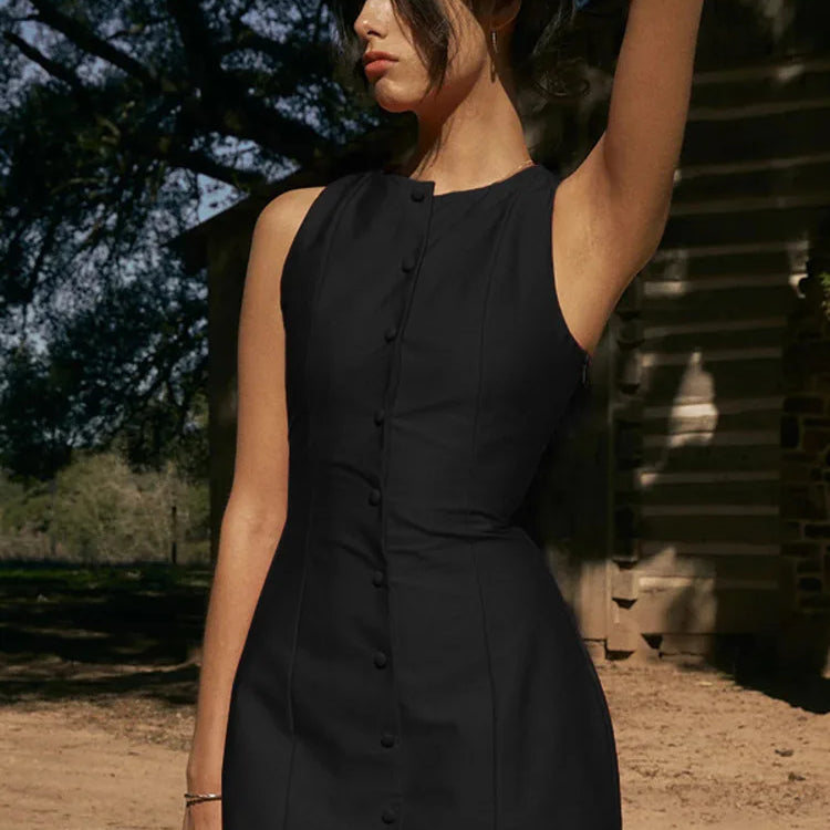 Fashion Sleeveless Sexy Mini Dress For Women New O Neck Single-btrasted Bodycon Club Party Tank Dress Femme Clothes