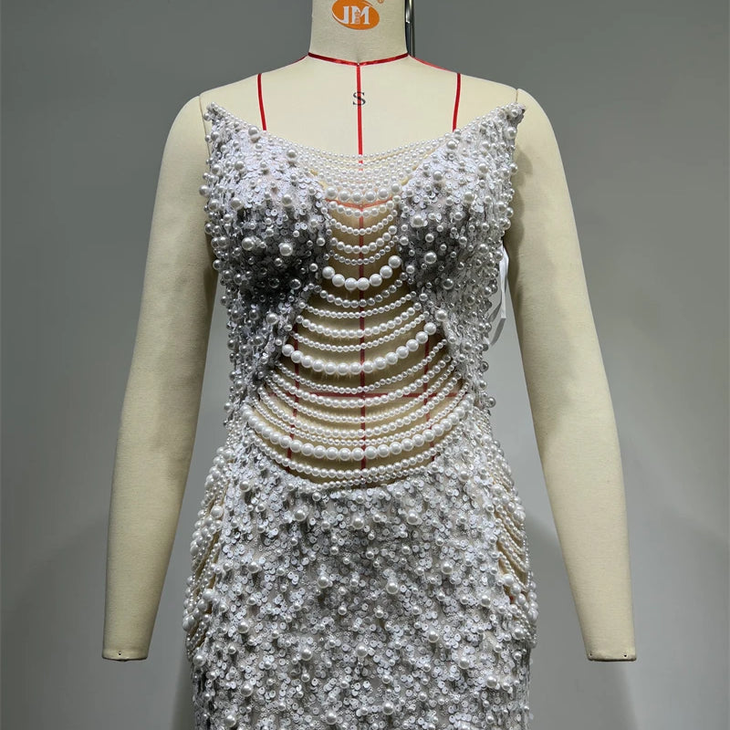 Luxury Pearl String Sexy See Through White Sequins Long Dress Elegant Woman Wedding Party Dress Red Carpet Goddess Vestido