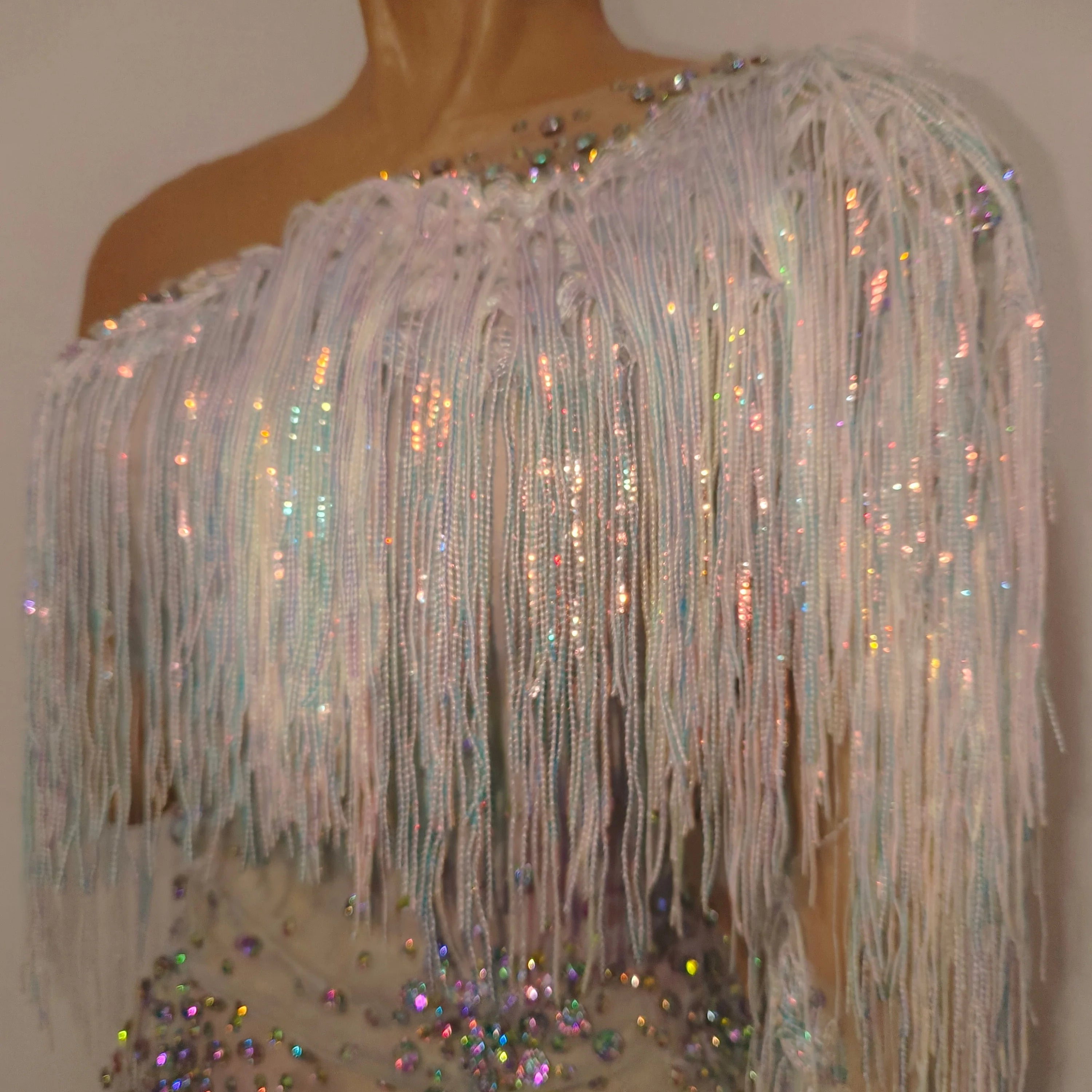 Glamorous Nude Sheer Mesh Dress Women Long Sleeve Flowy Rhinestone Fringe Embellished Nightclub Party Dance Performance Outfit