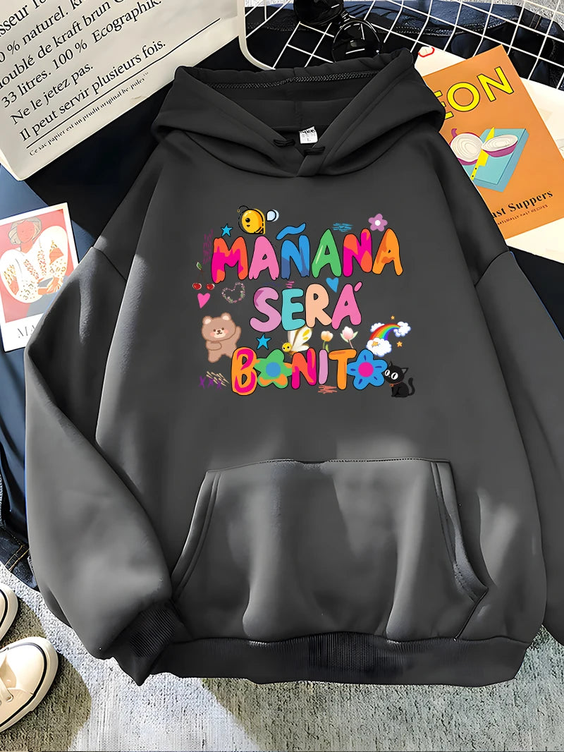 Rainbow Letter Print Women Sweatshirt Soft Warm Casual Female Hoodies Autumn Loose Fleece Tops for Girls DarkGrey