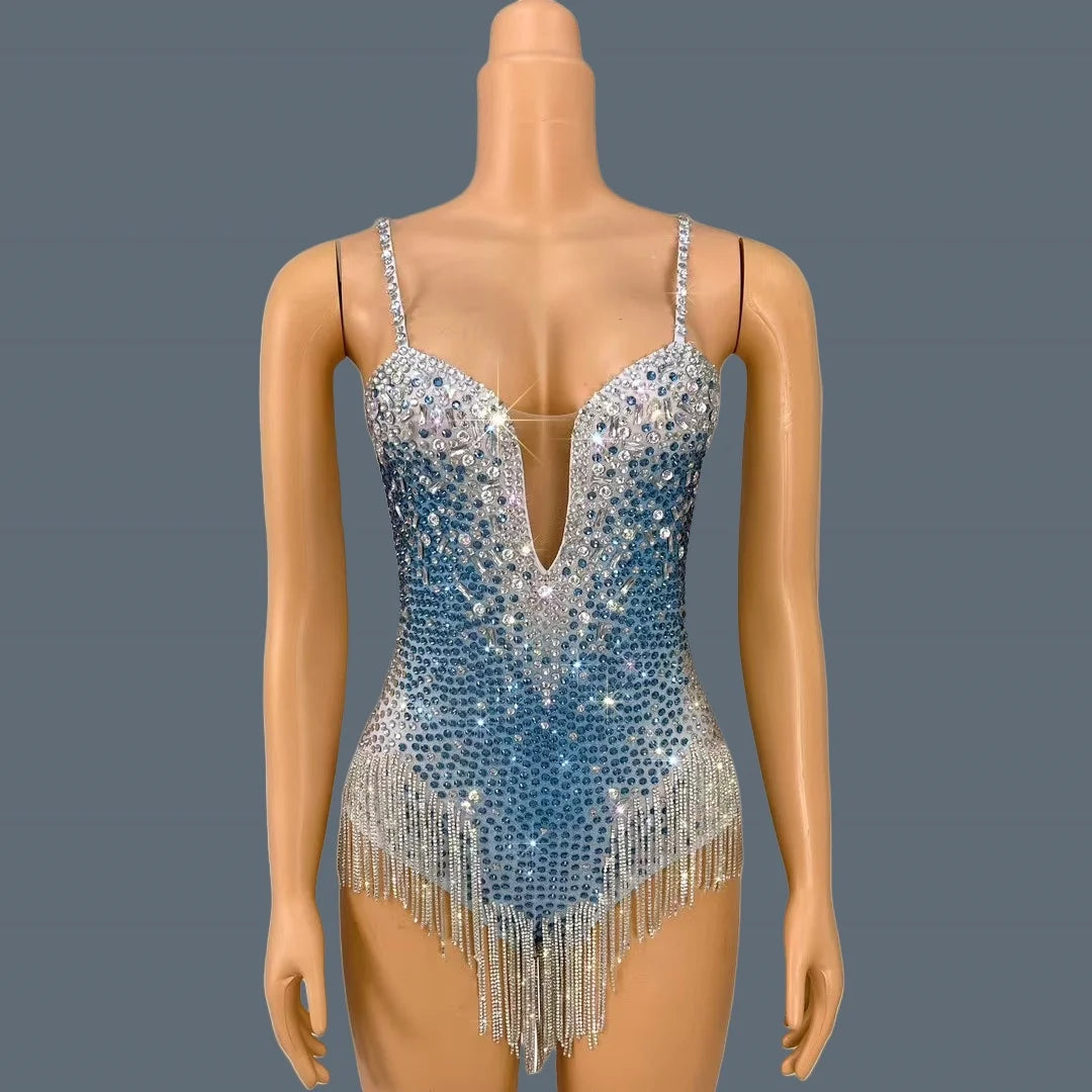 Sparkly Rhinestone Sleeveless Deep V Spandex Bodysuit Nightclub Showgirl Dance Show Crystals Tassel Skinny Bodysuit Bingqilin as shown