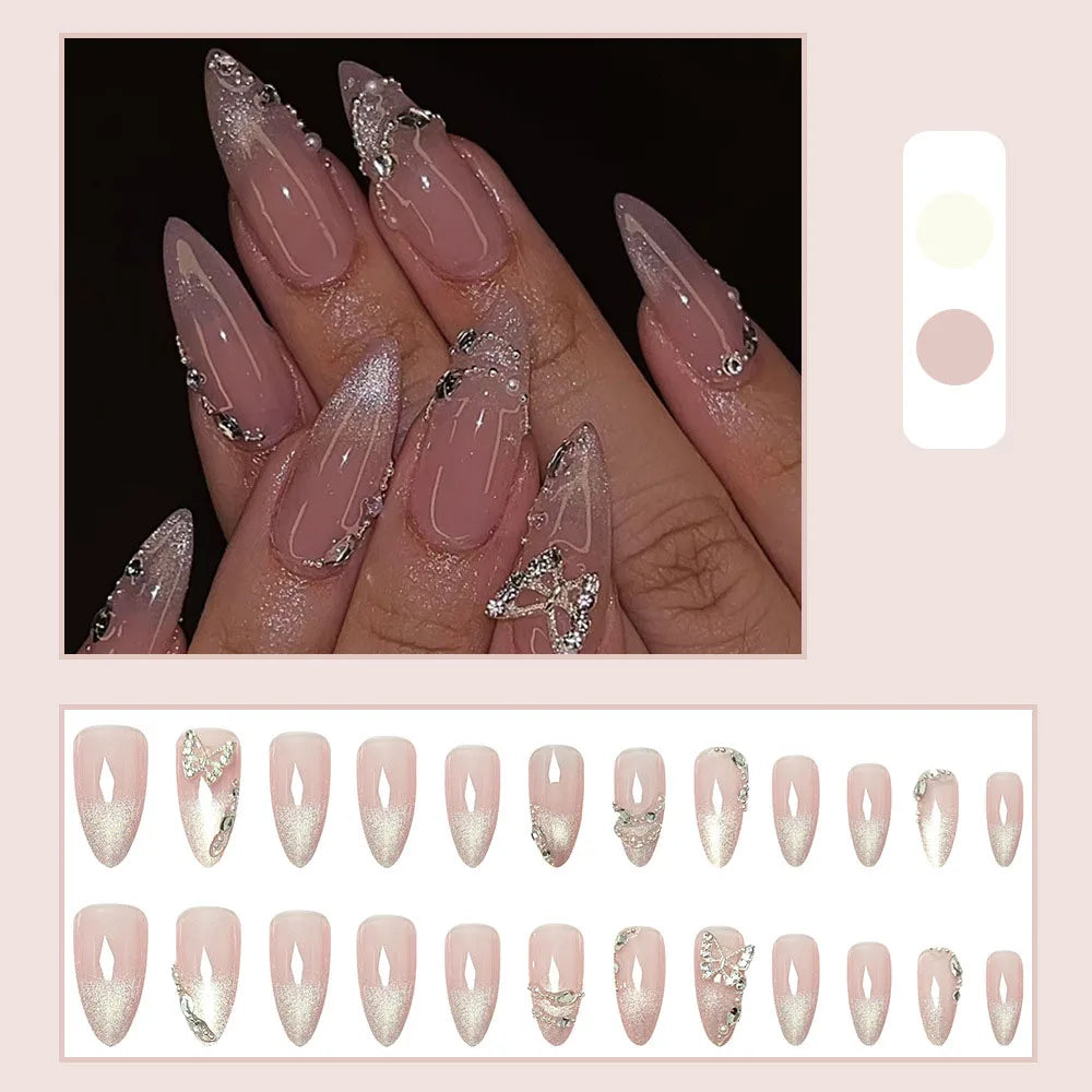 24pcs/set Short Medium fake nails for women girls gradient shiny glitters heart french Square almond tips Press on false nail 2328