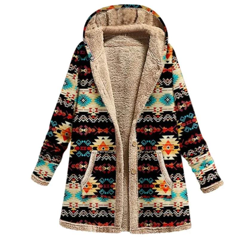 Print Casual Women Coat Vintage Hooded Overcoat Female Fashion Warm Long Sleeve Coats Ladies Plush Jacket Autumn Winter