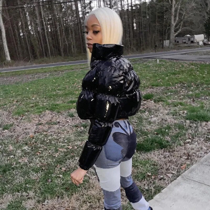 Winter New Women's Fashion Solid Color Zipper Bright Surface Warm Cotton-padded Jacket Top