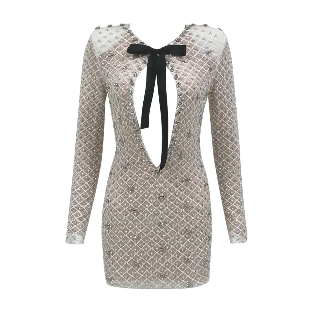 Pearl Sequins Hollow Out Short Dress For Women Sexy Long Sleeve Key Hole Bow Tie Diamond Beige Mini Evening Party Dress GRAY