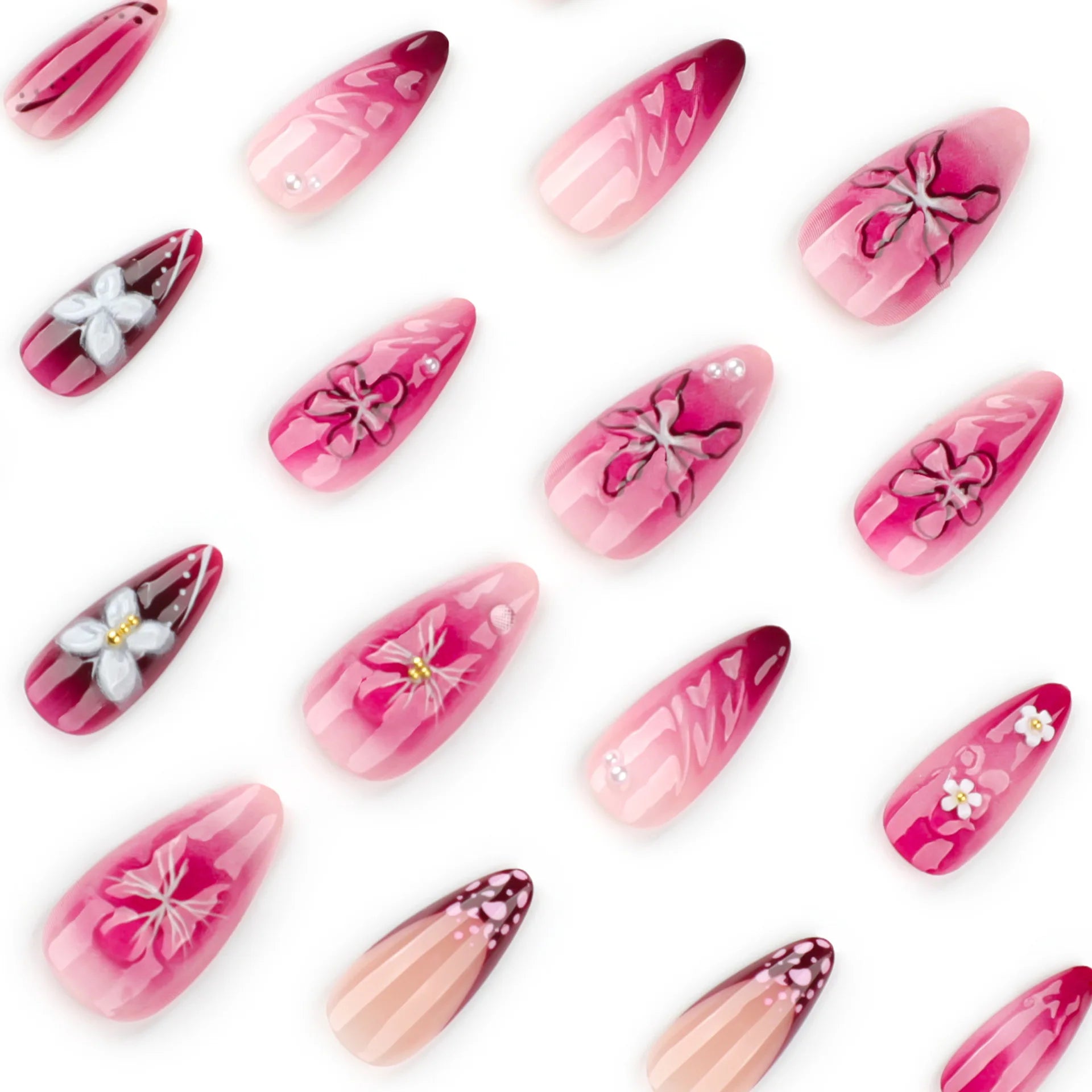 24pcs Charming Almond Fake Nails Smudging Rose Pink Almond False Nail White Ice Flower French Style Press On Nail For Spicy Girl