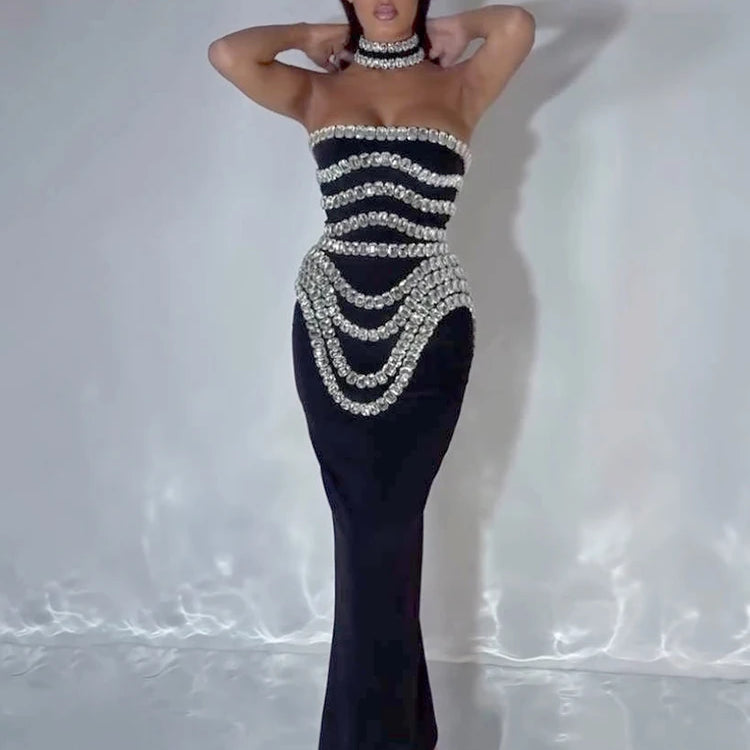 Black Strapless Long Dress Diamonds Embellished Bodycon Bandage Prom Celebrity Party Evening Gowns Dropshipping