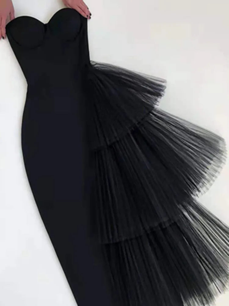 New Pink Color Women Strapless Sexy Ruffles Bodyocn Mid-calf Dress Rayon Bandage Celebrate Birthday Party Dress Wholesale