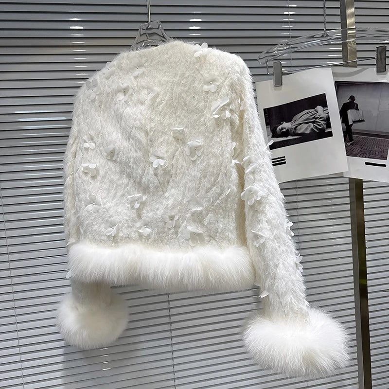 Winter New Fashion Style Fox Fur Sleeve Edge Beaded Flower Button Fluffy Cotton Short Coat For Women Jacket 11A07456