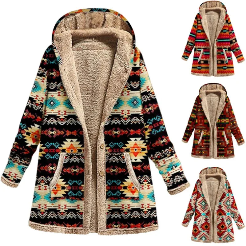 Print Casual Women Coat Vintage Hooded Overcoat Female Fashion Warm Long Sleeve Coats Ladies Plush Jacket Autumn Winter