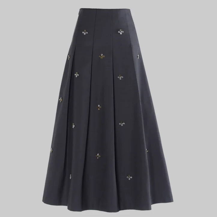 Spring Women French Style Luxury Rhinestone Beading Lady Solid Long Pleated Skirt GRAY