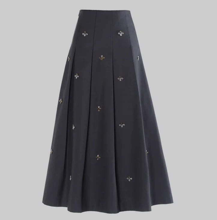 Spring Women French Style Luxury Rhinestone Beading Lady Solid Long Pleated Skirt GRAY